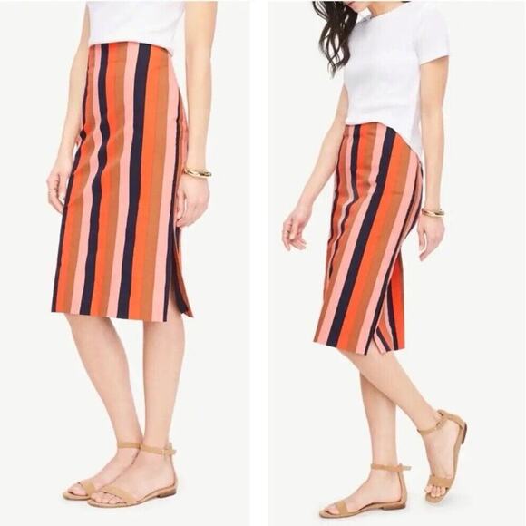 Ann Taylor Vertical Stripe Side Slit Pencil Skirt Midi Lined Business Work 4 - Picture 1 of 6
